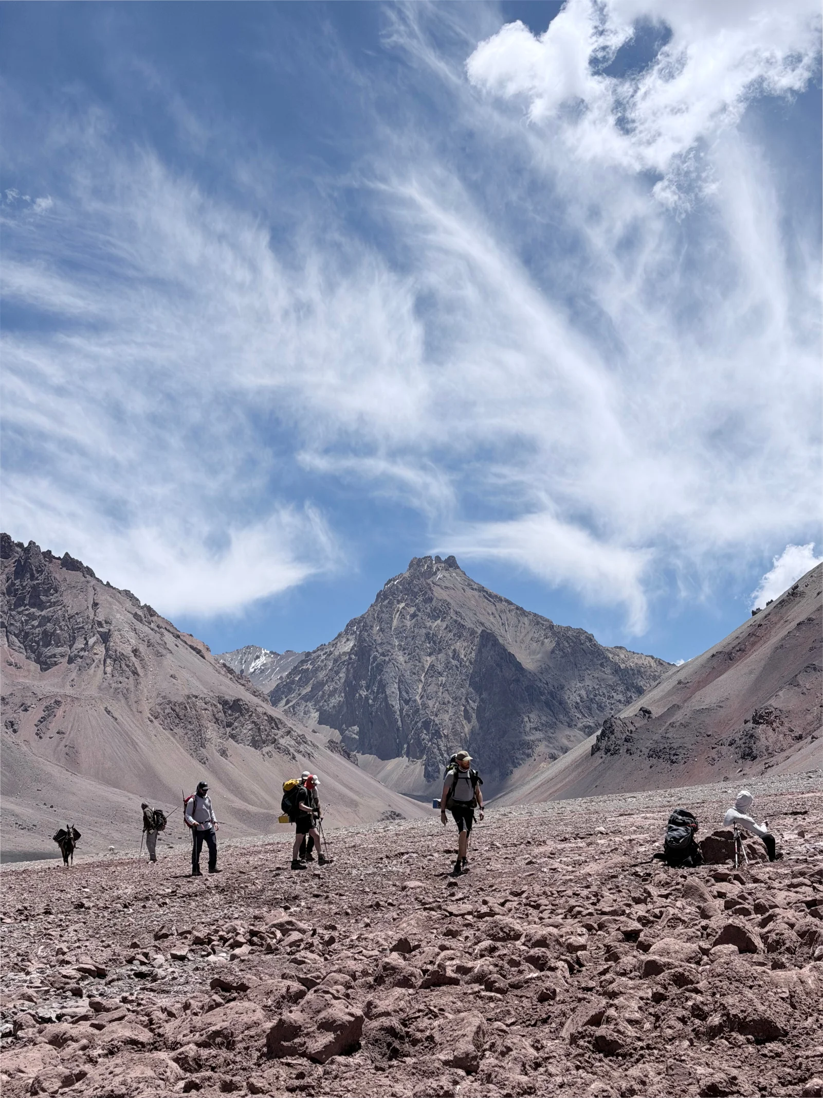 Expedition group hiking through the lower Aconcagua valley