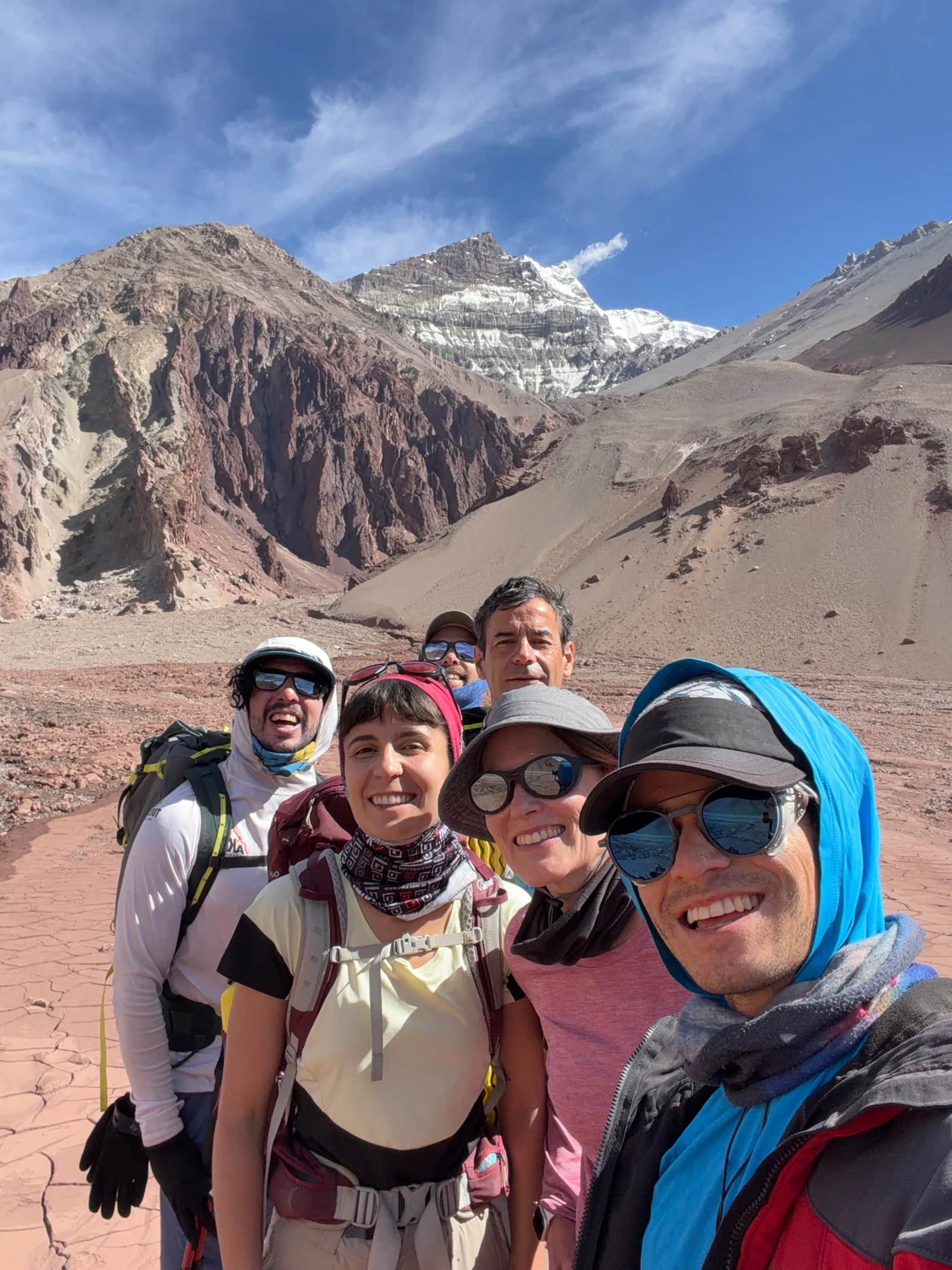 Expedition team selfie at the start of the trek with Aconcagua behind